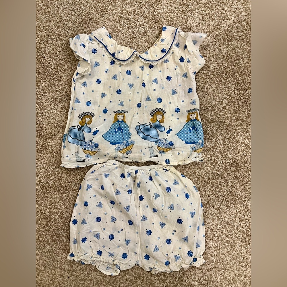 Vintage 60s Blue and White Kids Pajamas Set